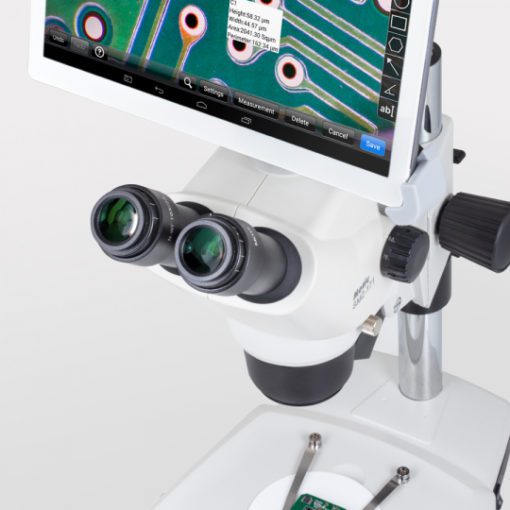 Stereo zoom inspection microscope with attached HD Screen or Tablet